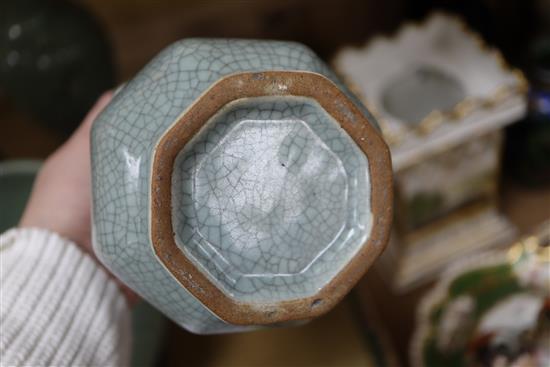 A Chinese celadon crackle glaze bowl and vase and two Korean celadon vases tallest 28cm